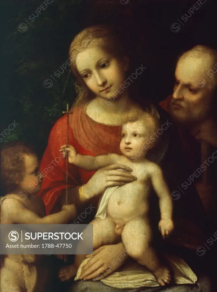The Holy Family with the Infant John the Baptist, ca 1518, by Antonio Allegri, known as Correggio (1489-ca 1534), oil on wood, 61x53 cm.