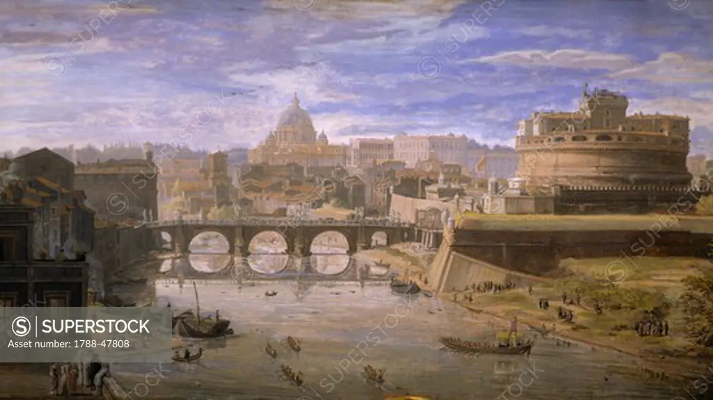 View of Castel Sant'Angelo in Rome, by Gaspar van Wittel (1652 or 1653-1736), tempera on parchment, cm 23x44. Detail.
