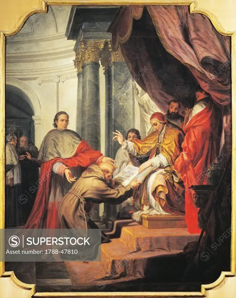 St Francis of Assisi presents the Rule to Pope Innocent IV, by Nicholas Ricciolini (1687-1772).