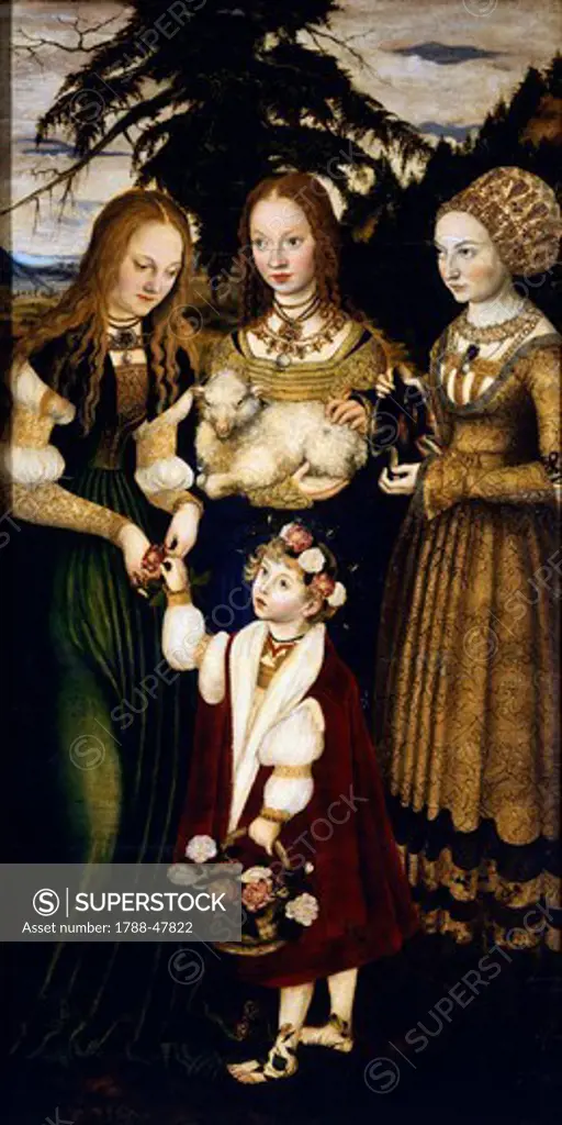 Saints Dorothea, Agnes and Kunigunde, west wing of the triptych of the Altar of St Catherine, 1508, by Lucas Cranach the Elder (1472-1553), oil on wood.
