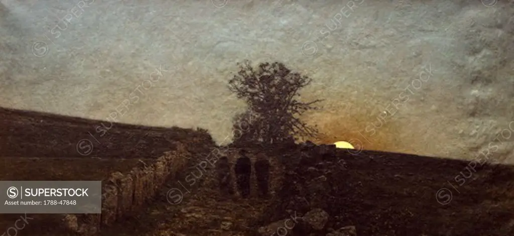 The Busseto country at moonrise, painting by an unknown Italian painting 19th century.