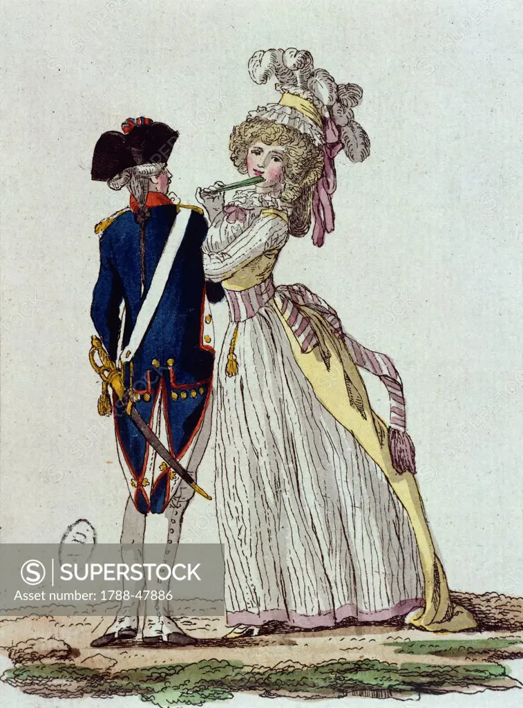 Lady wearing a negligee and a member of the National Guard, 1789, by Defraine and Duhamel, print. France, 18th Century