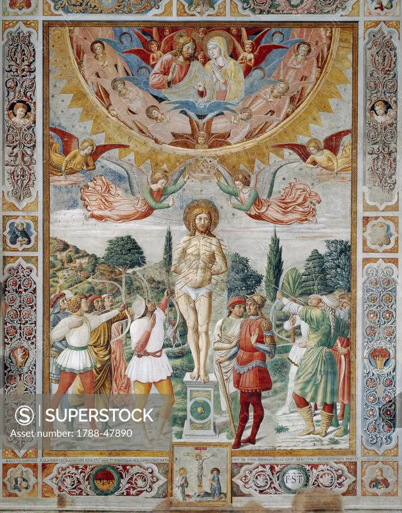 Martyrdom of St Sebastian, 1465, by Benozzo Gozzoli (1421-1497), fresco. Cathedral or Collegiate Church of Santa Maria Assunta, San Gimignano, Siena.