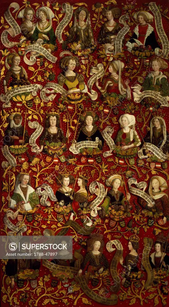 Women of the House of Babemberg from 976 to 1246, detail of the Bamberg family tree triptych, 1489-1492, by Hans Part, 15th Century.