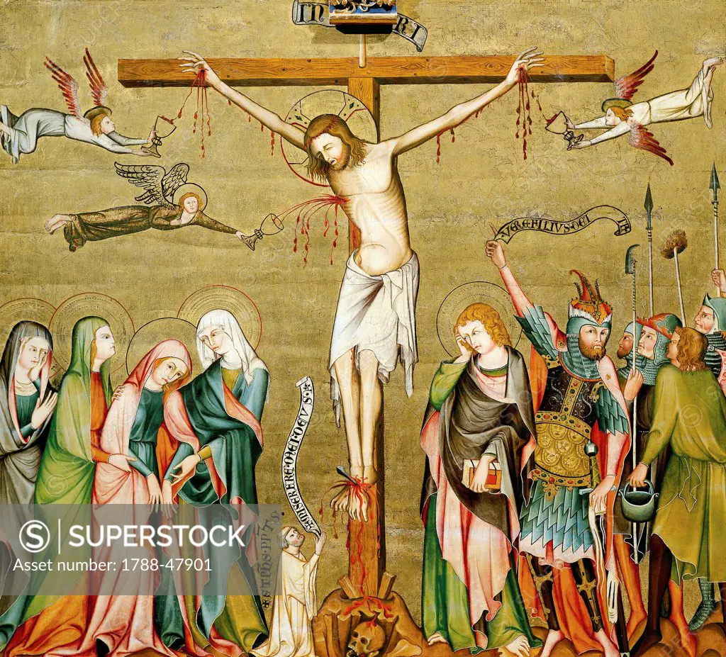 Crucifixion, back panel of the Verdun Altarpiece, 1331, by the Master of the Verdun Altarpiece, tempera on panel, 108x121 cm. Klosterneuburg Abbey.