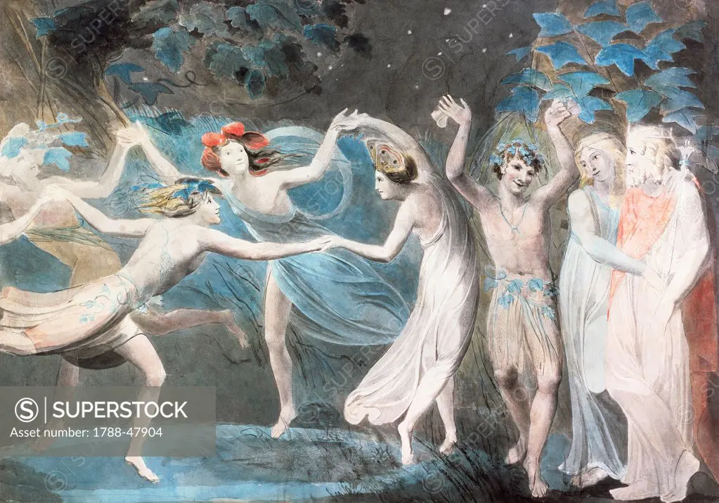 Oberon, Titania and Puck with dancing fairies, 1786, by William Blake (1757-1827), watercolour on paper, 47x67 cm.