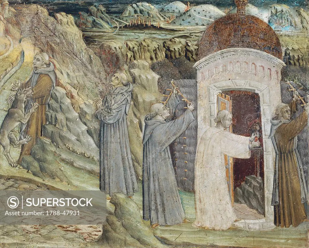 Religious men destroying the hut and breaking the sword, detail from the predella of the St Galgano Altarpiece, ca 1470, by Giovanni di Paolo (active from ca 1420-1482).