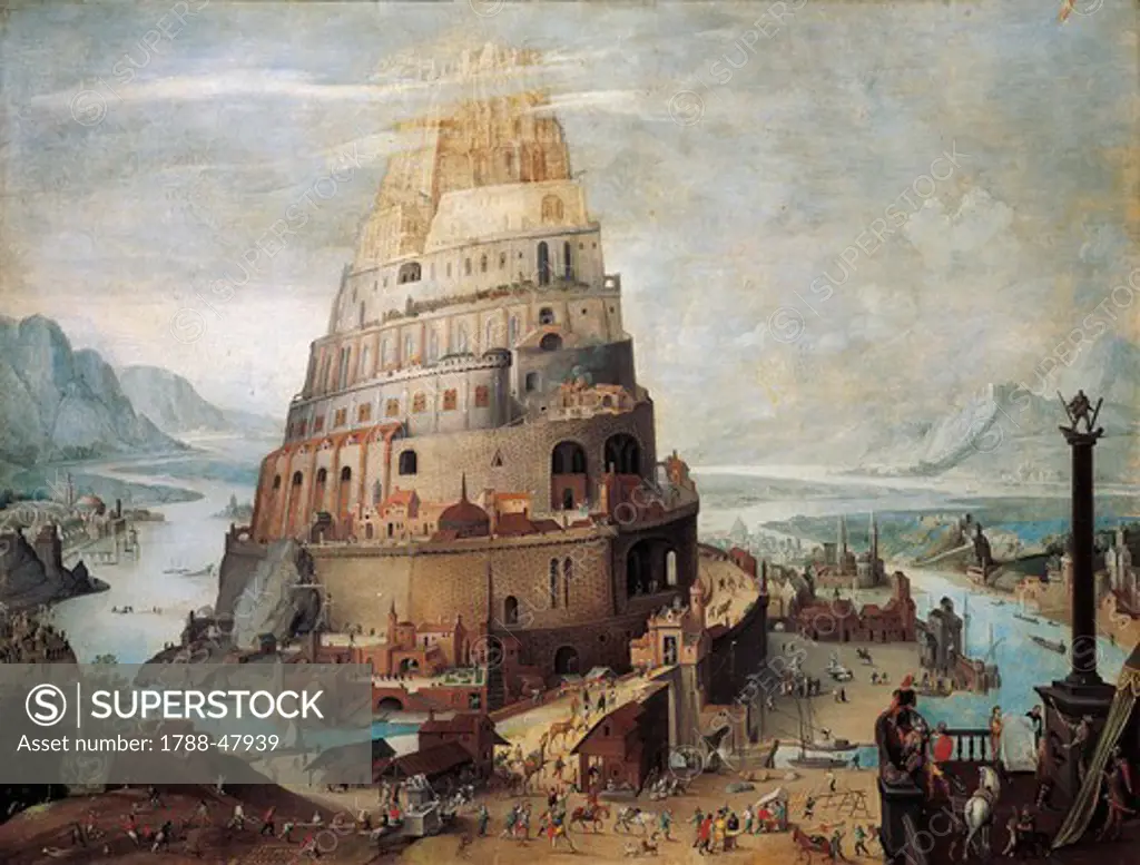 The construction of the tower of Babel, 16th century, by an unknown Flemish artist.
