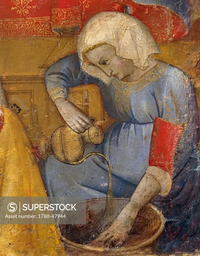 Woman pouring water into a basin, detail from the Birth of Mary, by the Master of San Lucchese, 14th Century. Detail.