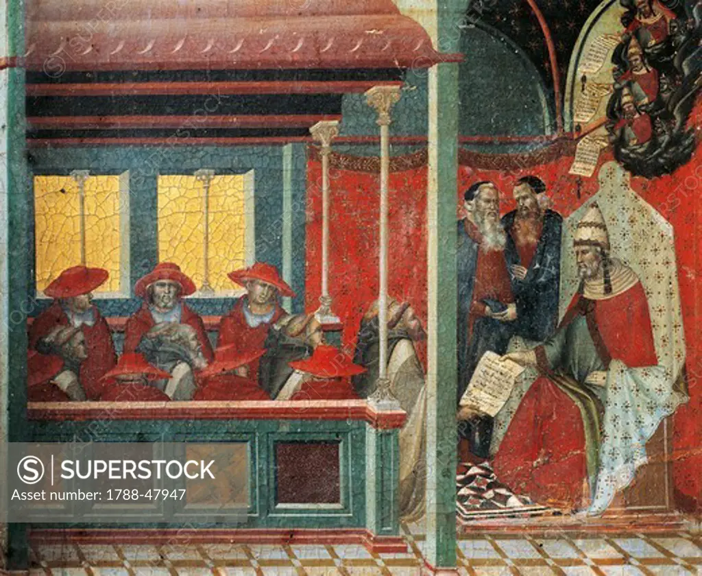 Honorius III approving the Carmelite rule, detail from the predella of the altarpiece for the Carmine, by Pietro Lorenzetti (ca 1280-1348), tempera and gold on wood panel.