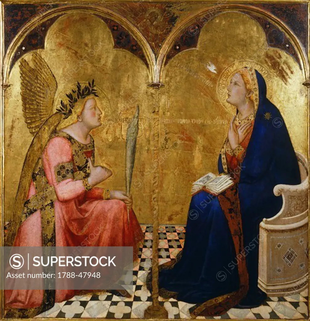 Annunciation, 1344, by Ambrogio Lorenzetti (1290-ca 1348), tempera and gold on wood, 127x120 cm.