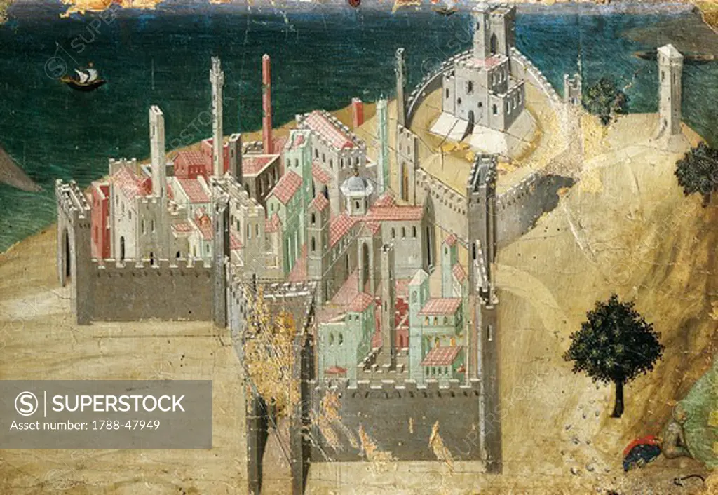 City by the sea, by Ambrogio Lorenzetti (1290-ca 1348). Tempera and gold on wood, 22.5x33.5 cm.
