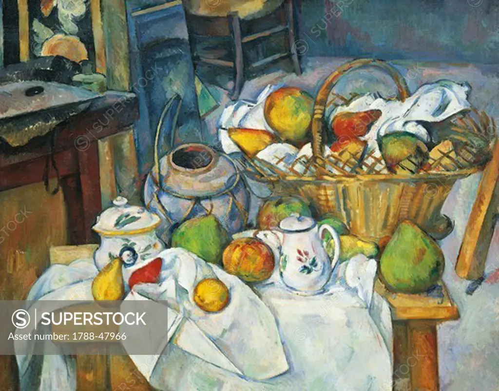 Still life with basket, by Paul Cezanne (1839-1906).