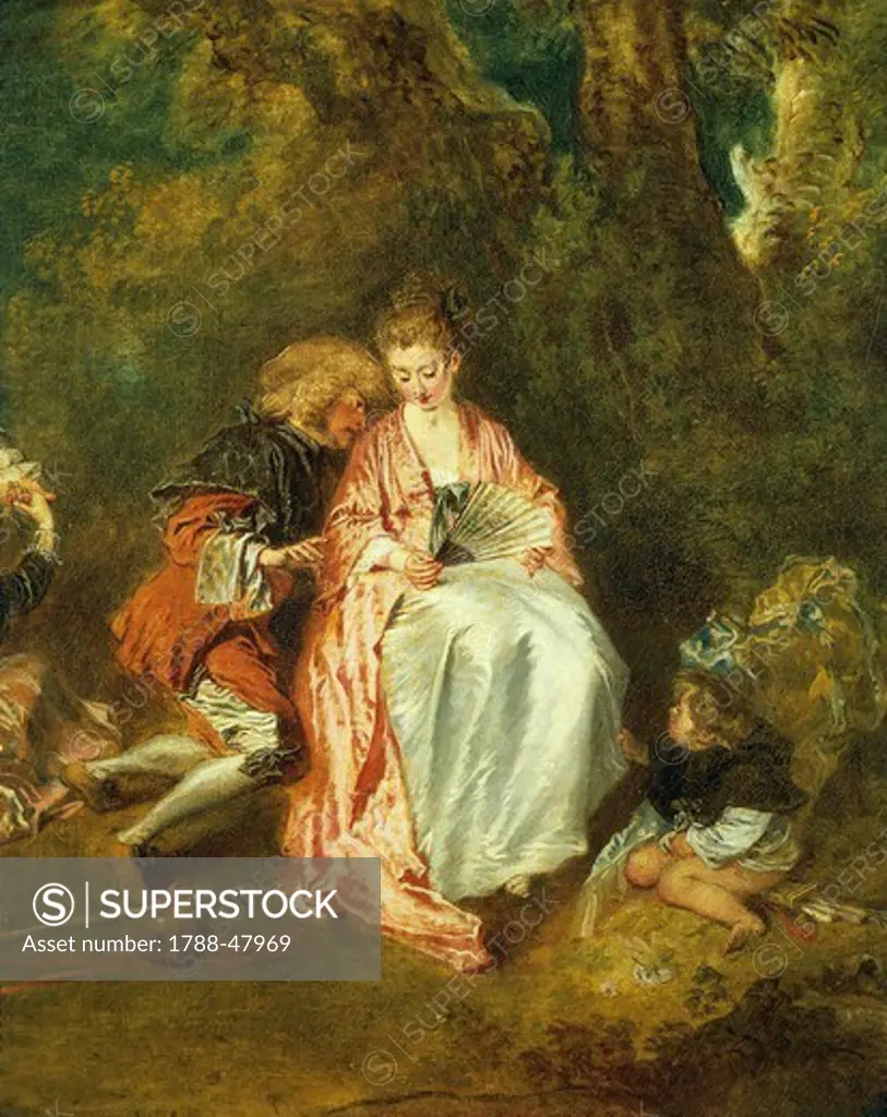 Pilgrimage to the Isle of Cythera, known as Embarkation for Cythera (Cythere), 1717, by Jean-Antoine Watteau (1684-1721), oil on canvas, 129x194 cm. Detail.