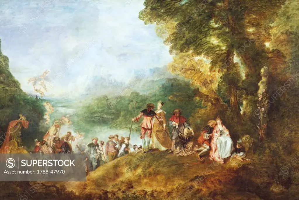 Pilgrimage to the Isle of Cythera, known as Embarkation for Cythera (Cythere), 1717, by Jean-Antoine Watteau (1684-1721), oil on canvas, 129x194 cm. Detail.