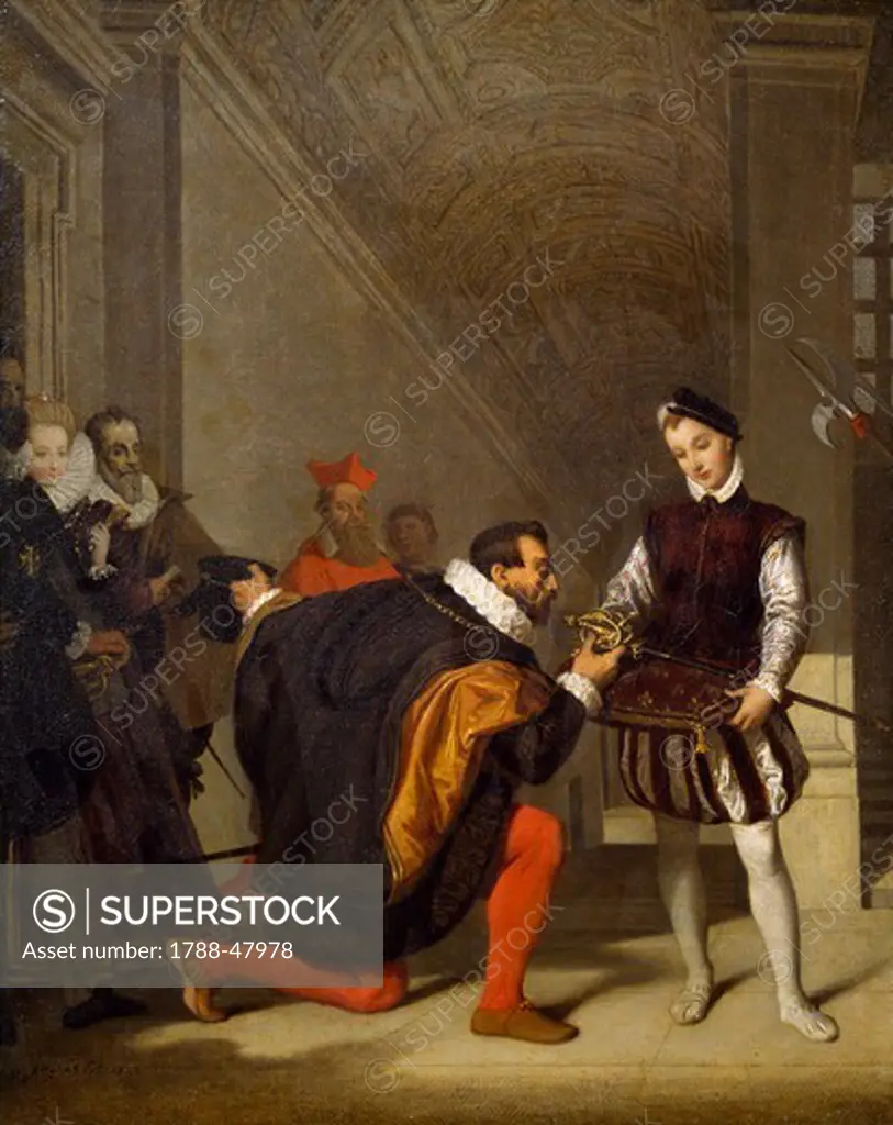 Don Pedro Of Toledo, ambassador of Philip II, kissing the sword of Henri IV kissing the sword of Henry IV at the Louvre, 1832, by Jean Auguste Dominique Ingres (1780-1867).