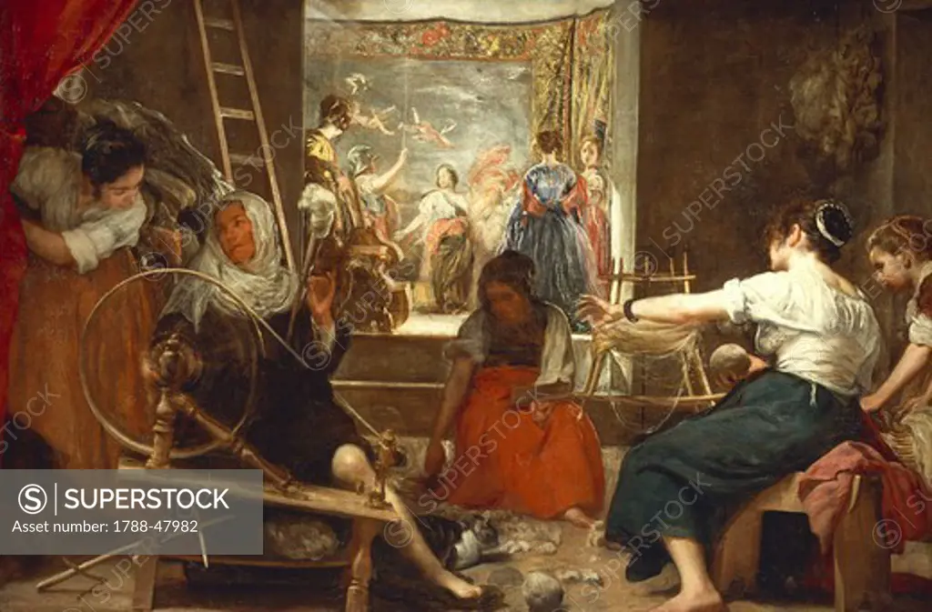 The weavers of tapestry from the Santa Isabel tapestry factory in Madrid or The fable of Arachne, 1657 by Diego Velazquez (1599-1660), oil on canvas, 167x252 cm.