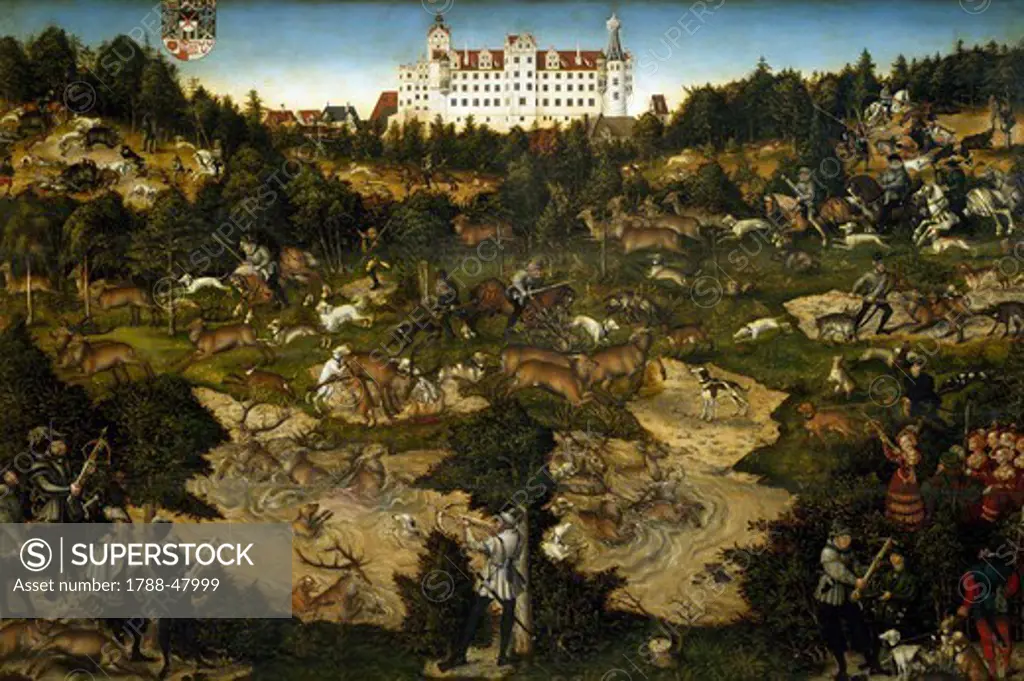 Hunt in honour of Charles V at the Castle of Torgau, 1545, by Lucas Cranach the Elder (1472-1553), oil on panel, 114x175 cm.