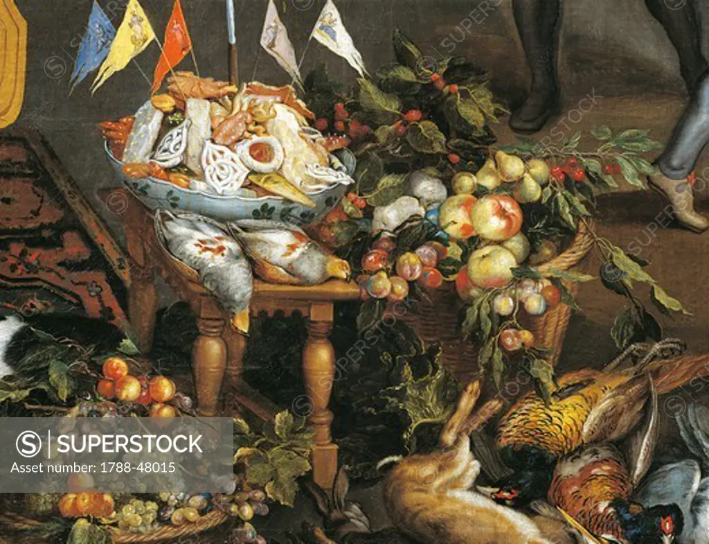 Game, poultry, fruit and meat, detail from the Allegory of the four elements, by Jan Brueghel the Elder, Velvet Bruegel (1568-1625).