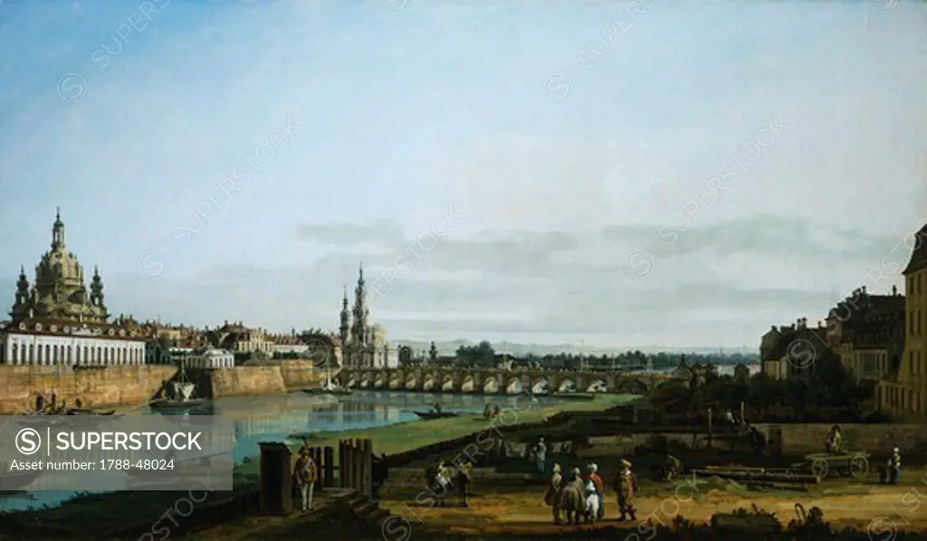 Dresden from the right bank of the Elbe upstream from the bridge of Augustus, ca 1750, by Bernardo Bellotto, known as Canaletto (1721-1780), oil on canvas, 50x84 cm. Detail.