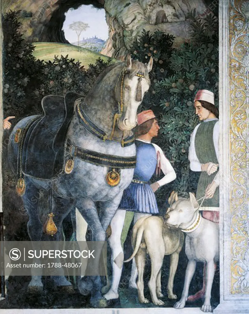 Horse, mastiffs and grooms of Count Ludovico Gonzaga, detail from the Wall of the Meeting, 1465-1474, by Andrea Mantegna (1431-1606), fresco. San Giorgio Castle, Wedding Chamber or Camera Picta, Mantua.