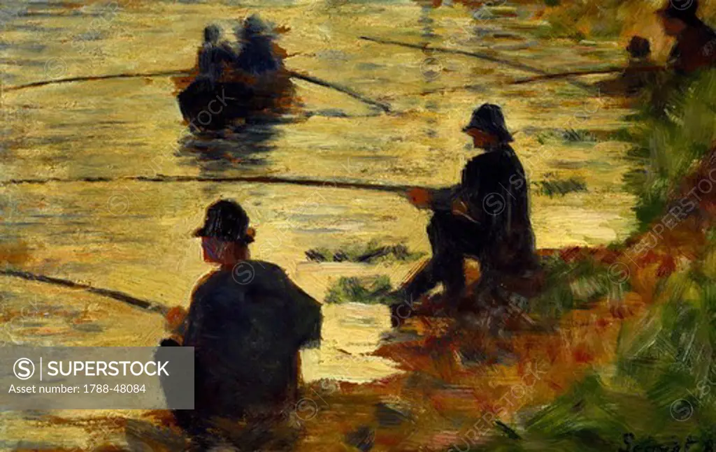 Fishermen (Les Pecheurs a la ligne), study on La Grande Jatte, 1883, by Georges Seurat (1859-1891), oil on canvas, 16x25 cm.