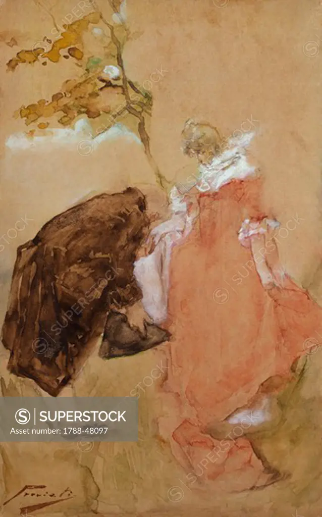 The Kiss, 1881-1885, by Gaetano Previati (1852-1920), watercolor, 32.5 x 20 cm, 2.