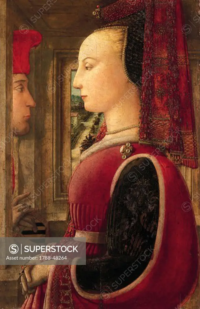 Portrait of a lady with a man at the window sill, 1435-1445, by Filippo Lippi (ca 1406-1469), tempera on panel, 64.1 cm x41, 9