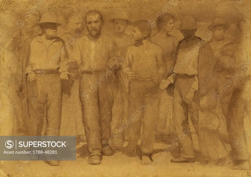 Group of workers, study for the fourth state, ca 1898, by Giuseppe Pellizza da Volpedo (1868-1907), pencil and charcoal on paper, 141x200 cm.