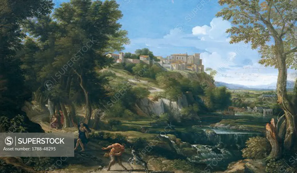 Landscape showing a dancing faun and nymph 1667 - 1668, by Gaspard Dughet (1615-1675).