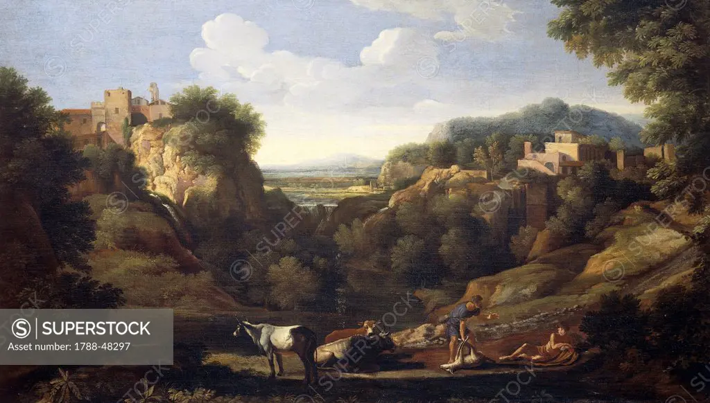 Italian landscape showing a hunting scene, by Gaspard Dughet (1615-1675).