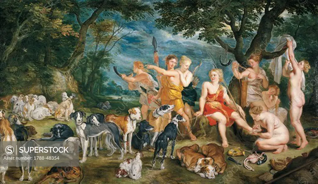 Diana and her nymphs departing for the hunt, ca 1623-1624, by Peter Paul Rubens (1577-1640) and Jan Brueghel the Elder known as Velvet Brueghel (1568-1625). The figures of the painting were attributed to Rubens, the landscapes to Brueghel, the work is signed with Rubens' monogram.