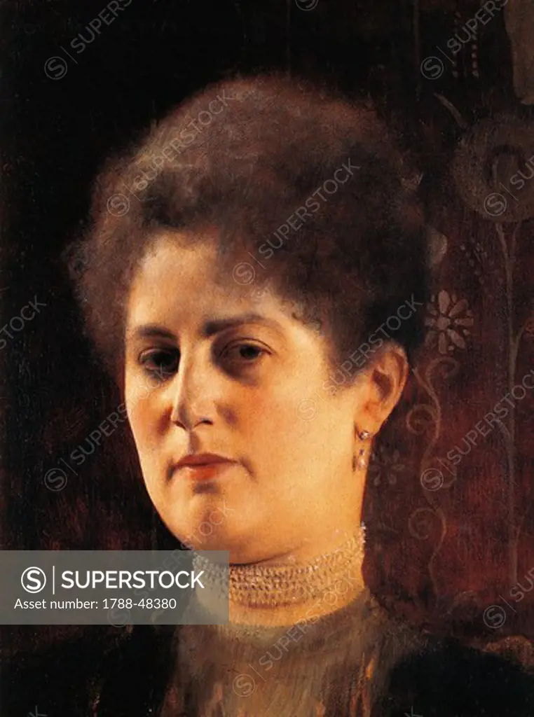 Portrait of a woman (Mrs Heymann), ca 1894, by Gustav Klimt (1862-1918), oil on panel.