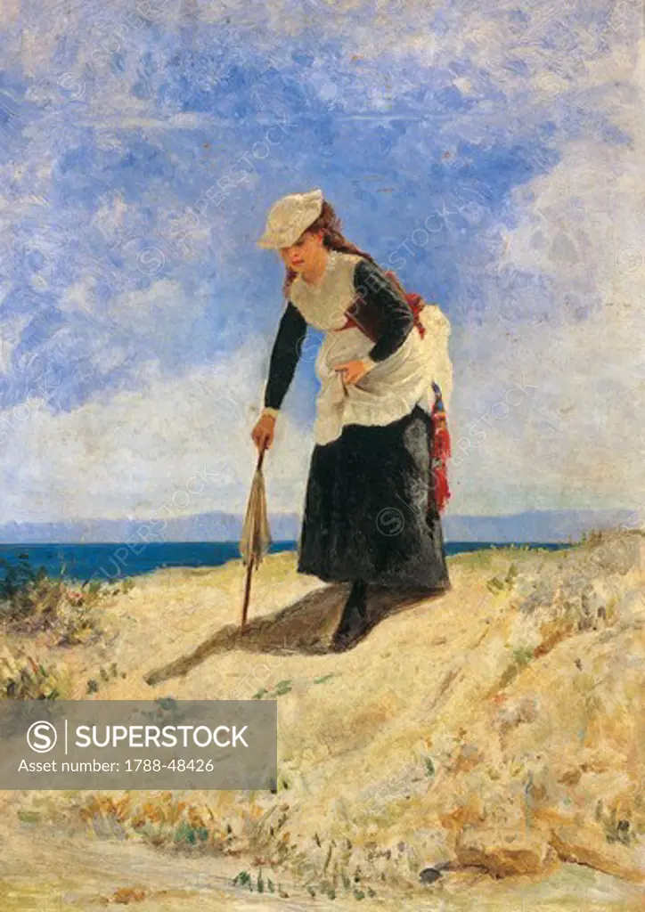 Women in the sand, ca 1875, by Giuseppe de Nittis (1846-1884), oil on canvas, 35x26 cm.