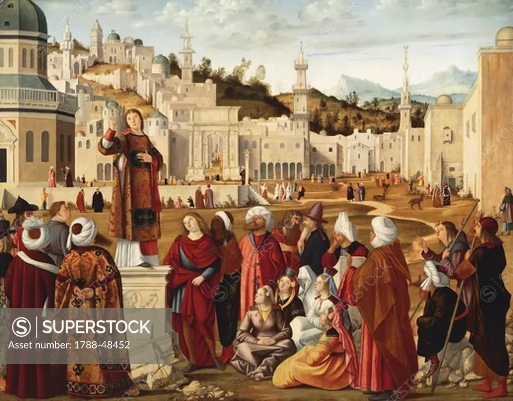Preaching of St Stephen in Jerusalem, 1514, by Vittore Carpaccio (ca 1465-1525 or 1526), oil on canvas, 148x194 cm.