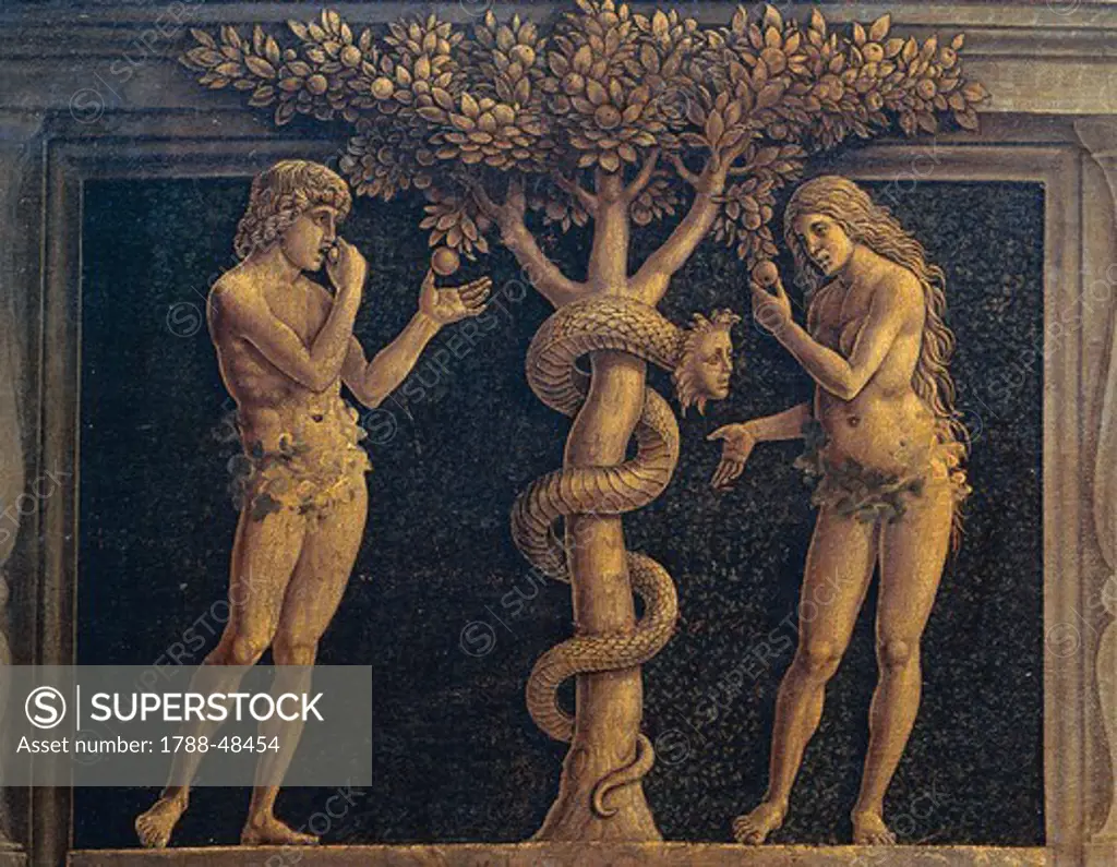 Adam and Eve committing original sin, detail from The Virgin of Victory, 1496, by Andrea Mantegna (1431-1506), tempera on canvas, 280x166 cm.