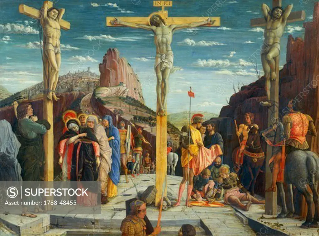 Crucifixion, 1457-1459, by Andrea Mantegna (1431-1506), tempera on wood, 67x93 cm.