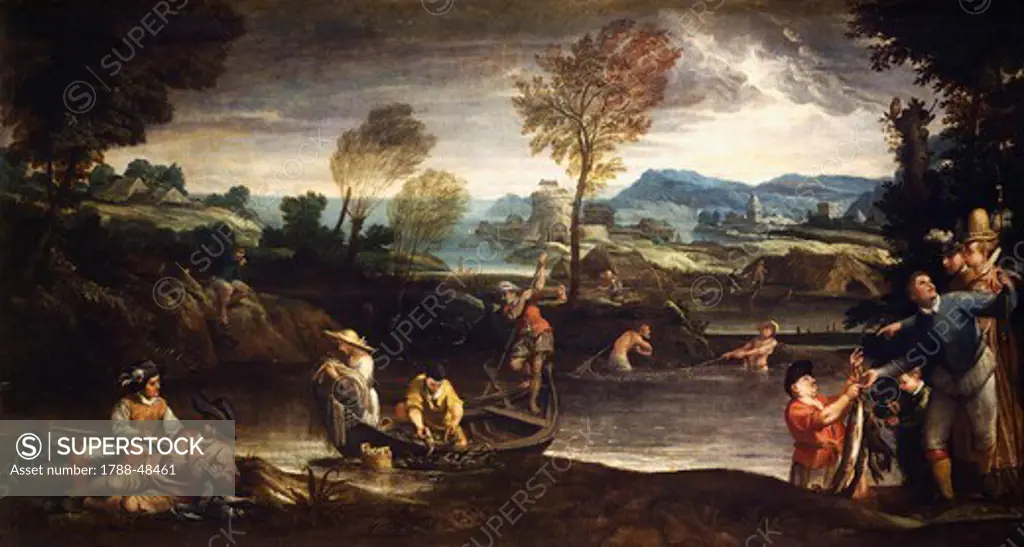 Fishing scene, 1585-1588, by Annibale Carracci (1560-1609), oil on canvas, 136x253 cm.