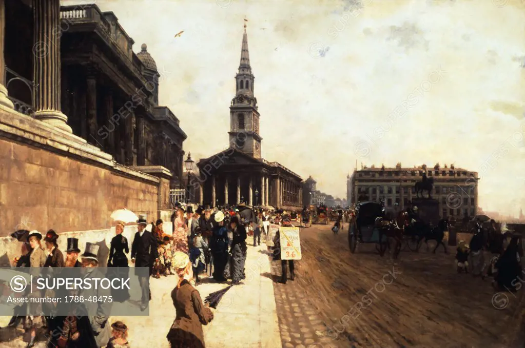 The National Gallery and the Church of Saint Martin in London, 1877, by Giuseppe de Nittis (1846-1884), oil on canvas, 70x105 cm.