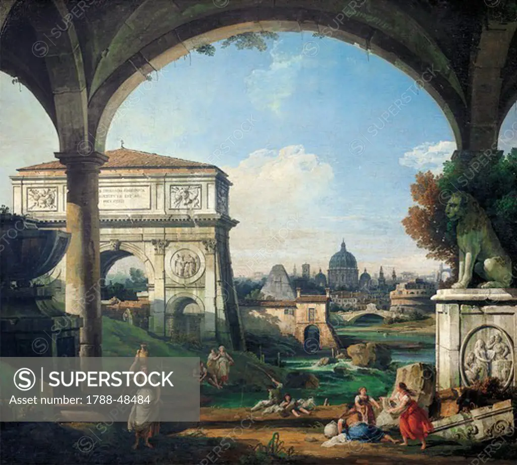 Roman Capriccio with a triumphal arch, the pyramid of Caius Cestius, St Peter's in the Vatican and Castel Sant'Angelo, 1742-1747, by Bernardo Bellotto, known as Canaletto (1721-1780), oil on canvas, 114x130 cm.