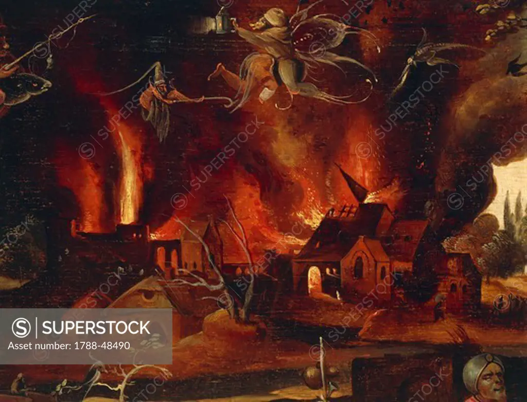 The temptation of St. Anthony, detail showing the city in flames and demons, by Jan Mandyn (1500-1560).