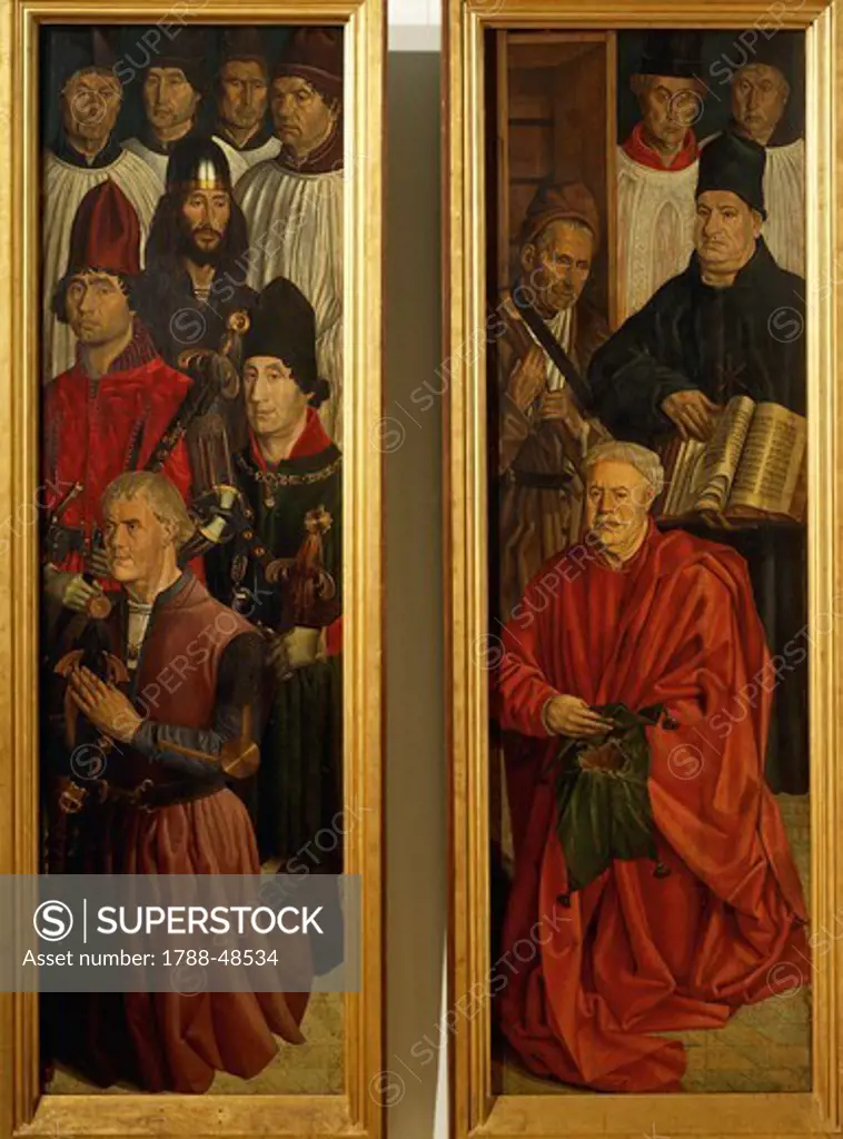 Panels of Knights and Panel of the Relic, detail from the Altarpiece of St Vincent, 1460-1470, by Nuno Goncalves (active 1450-1471).