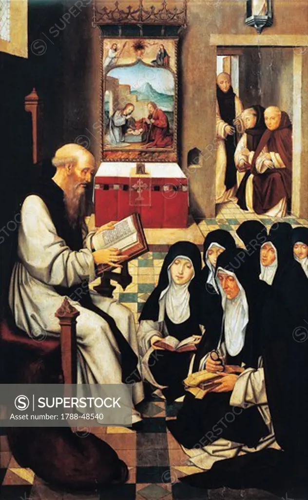 St Jerome reading the Scriptures to the nuns, 16th century, Flemish painting.