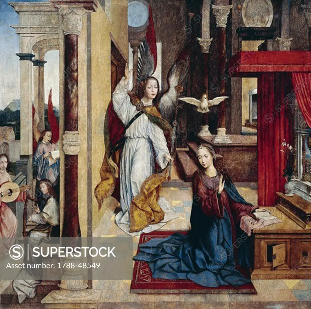 Annunciation, 1523, by Carlos Frey (active 1517-1535), panel, 197.5 x198 cm.