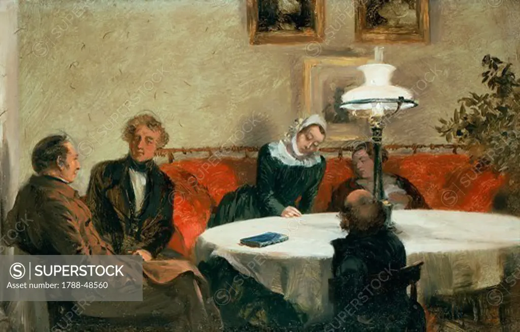 Evening meeting, the Maerker family, Menzel and his sister at the table (Abendgesellschaft: Familie Maerker, Menzel und Seine Schwester am Tisch), 1847, by Adolph Menzel (1815-1905), oil on cardboard, 25x40 cm.
