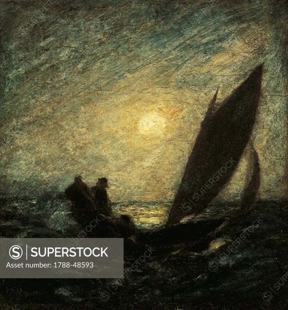 With Sloping Mast and Sinking Prow, 1880-1885, by Albert Pinkham Ryder (1847-1917), oil on canvas mounted on panel, 30x30 cm.
