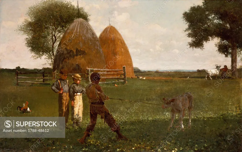 Weaning the calf, 1875, by Winslow Homer (1836-1910), oil on canvas, 61x96 cm.