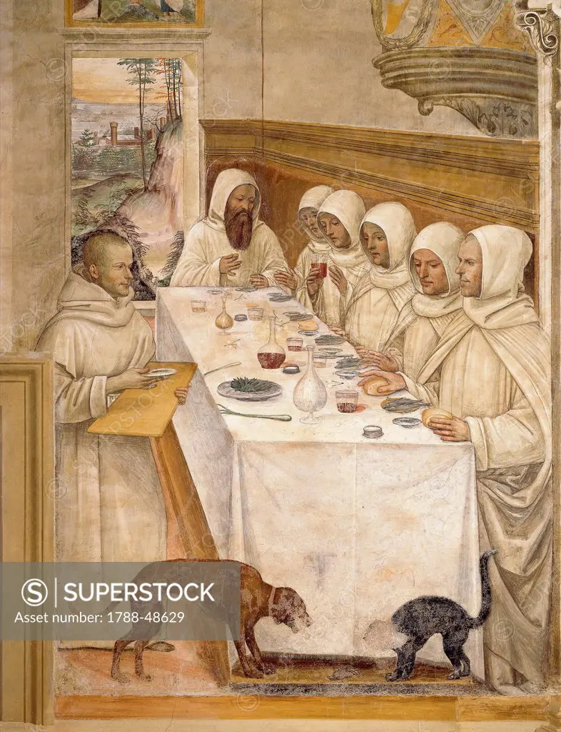 Benedict obtains flour in abundance and with it restores the monks, a scene from the cycle of St Benedict's life according to the account of St Gregory the Great, 1505, by Sodoma (Giovanni Antonio Bazzi)(1477-1549), fresco. Territorial Abbey of Monte Oliveto Maggiore, Cloister, north side, Monte Oliveto Maggiore, Italy. Detail.
