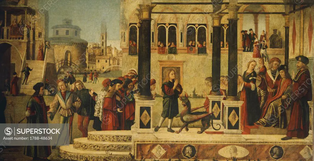 Daughter of Emperor Gordian is Exorcised by St Tryphon, 1507, by Vittore Carpaccio (ca 1465- ca 1526), oil on canvas, 141x300 cm. Detail. San Giorgio degli Schiavoni School, Venice.