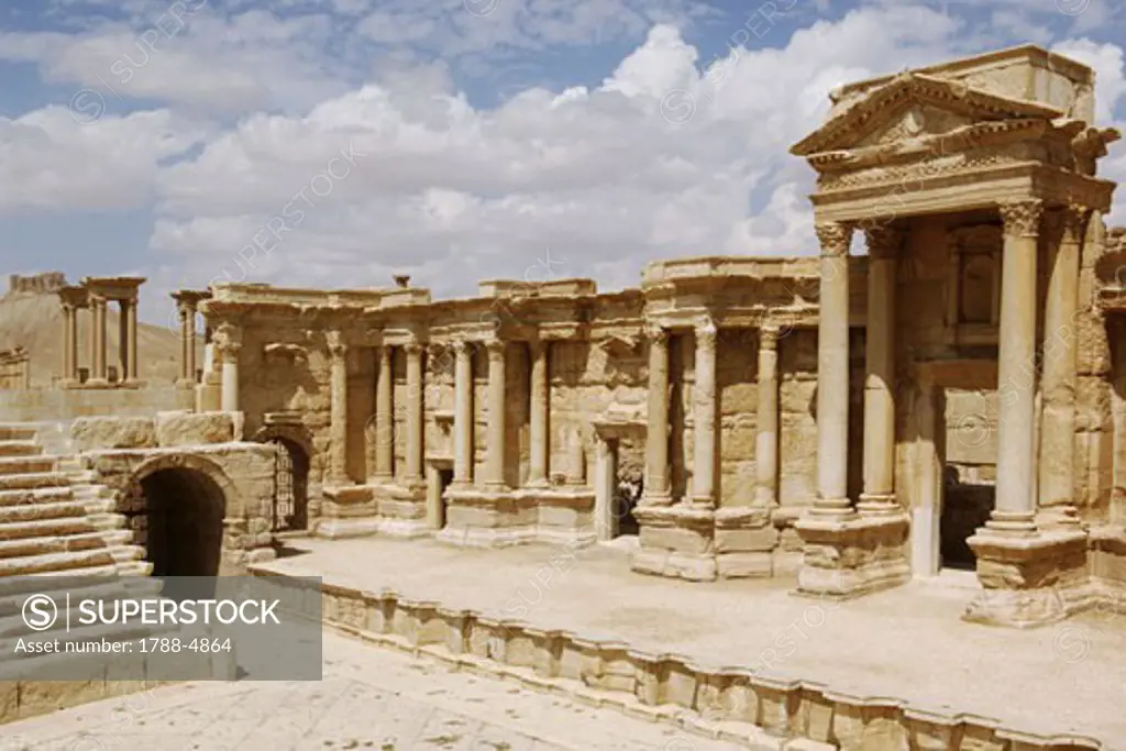 Syria - Palmyra. Ancient Palmyra. UNESCO World Heritage List, 1980. Theatre, 1st-2nd century AD. Forestage